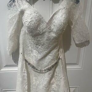 David's Bridal Cream Ruched Gown with Bell Sleeves